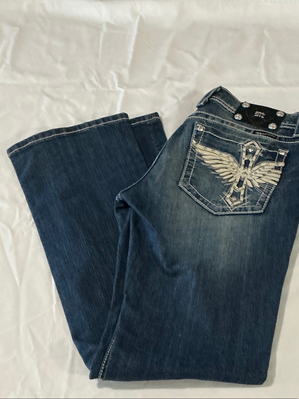 Miss Me Dark Blue Embroidered Wing Bootcut Jeans size 31